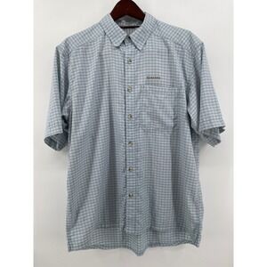 Simms Fishing Shirt Mens Large Blue Plaid Short Sleeve Button Performance *READ